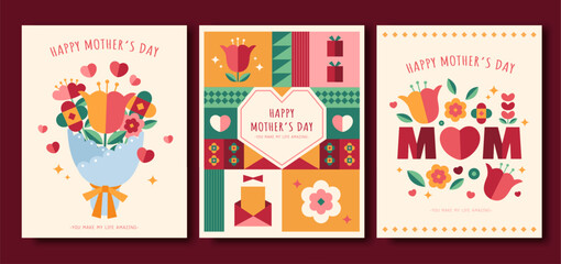 Flat design floral Mother's day template set isolated on dark red background.
