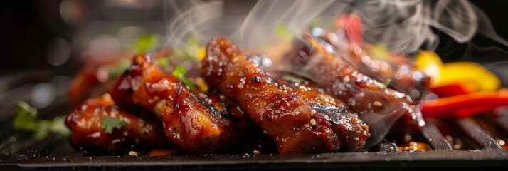 Sizzling barbecue ribs on grill with smoke - Close-up of delicious BBQ ribs cooking with marinade on grill, showing smoke and vibrant colors of food - obrazy, fototapety, plakaty