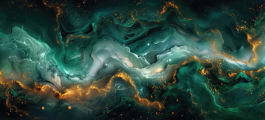A dark teal and gold nebula with swirling patterns, evoking the mystery of space. Created with Ai