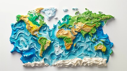 The World map made of plasticine, continents with very colorful colors, on white background