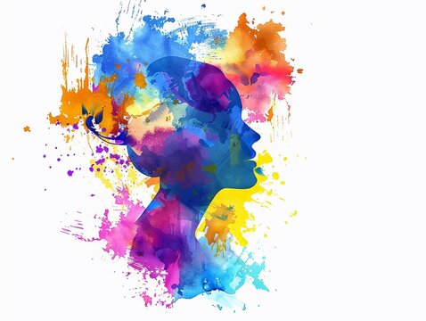 Colorful illustration of happy woman head in paint splatter style.