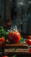 Splash of water on fresh tomato - Magic moment capturing a splash of water on a ripe red tomato surrounded by other fresh tomatoes