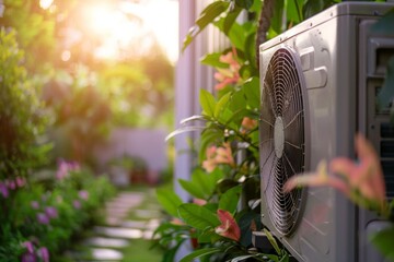 Air compressor, Air conditioning unit in a garden during summer - obrazy, fototapety, plakaty