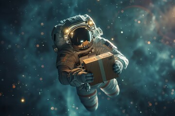 an astronaut delivering a package in the middle of space