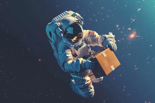 an astronaut delivering a package in the middle of space