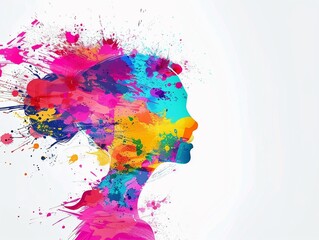 Colorful illustration of happy woman head in paint splatter style.