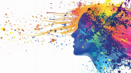  Colorful illustration of happy woman head in paint splatter style. © tigerheart