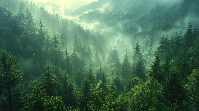A dense forest with misty mountains in the background, seen from above. The trees create an ethereal and mysterious atmosphere. Created with Ai