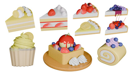 set of dessert, bakery, food, cafe, picnic set 3D