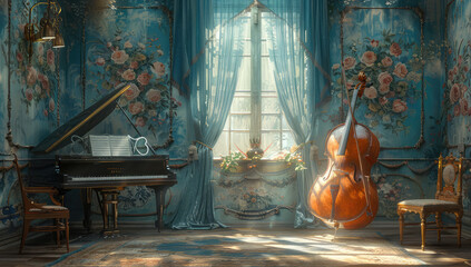 A room with blue wallpaper, sunlight shines through the window on an upright bass and piano in front of it. Created with Ai