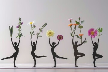 Female forms in yoga poses, with each posture accented by different flowers, illustrating balance and wellness - obrazy, fototapety, plakaty