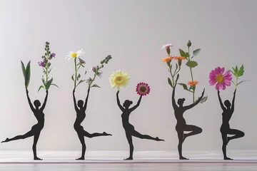 Fotobehang Female forms in yoga poses, with each posture accented by different flowers, illustrating balance and wellness © chayantorn