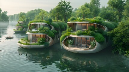 innovation of a floating eco-resort, where modular living pods and hydroponic gardens coexist harmoniously on the water, providing a luxurious yet environmentally conscious retreat - obrazy, fototapety, plakaty