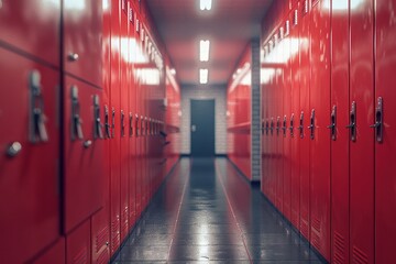 Red lockers in a locker room, Interior of a school, Ai Generated