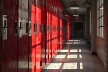 Red lockers in a school corridor, 3d rendering, Ai Generated