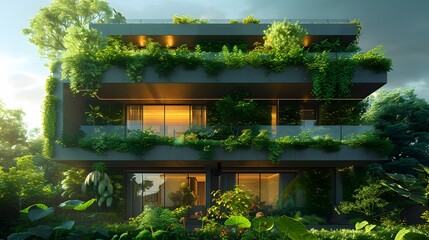 nature and architecture in a stunning living building design, where greenery cascades down the...