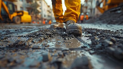 precision of a worker on a construction site, meticulously laying bricks or pouring concrete with unwavering focus and skill, captured in stunning full ultra HD realism. - obrazy, fototapety, plakaty