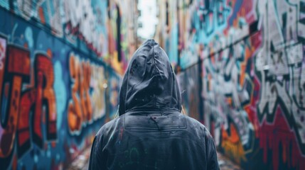 A hooded figure with back to the camera gazing up at the graffiticovered walls of the alley in contemplation. . . - obrazy, fototapety, plakaty