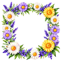 Colorful vibrant frame decorated with daisy flowers and lavender. Empty copy space for your text. Watercolor illustration