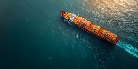 Aerial view of a container cargo ship at sea representing international trade and logistics. Concept Trade, Logistics, Container Ship, International, Aerial View