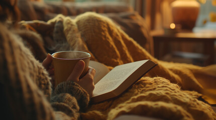 a woman sits with a warm blanket on the bed, holding a cup of coffee, reading a book.


