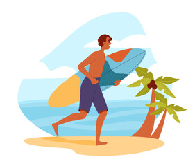Man on beach with surfboard. Young guy surfer at vacation in tropical and exotic countries. Activelifestyle and extreme sports. Cartoon flat vector illustration isolated on white background