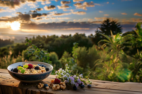 a plate of homemade oatmeal with berries and nuts stands on a table in nature, hot and healthy food for breakfast, a plate of porridge stands on a bench in the forest, a healthy breakfast in nature
