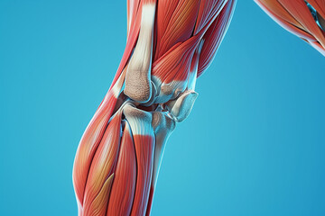 Anatomical illustration of leg muscles with pain zones in red, contrasting blue background, precise detail.