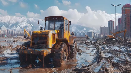 Zelfklevend Fotobehang transformation of a barren landscape into a vibrant urban center, as construction crews lay the groundwork for roads, utilities, and modern infrastructure, in breathtaking 8k realism. © Artistic_Creation