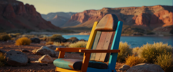 A single brightly painted Adirondack chair faces a serene desert landscape under a clear sky, conveying a sense of solitude and contemplation