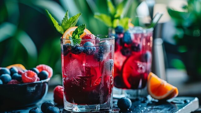 Cocktails with berries on a lush background - Fresh berry cocktails on a dark backdrop with vibrant green foliage enhancing the drinks' vivid hues