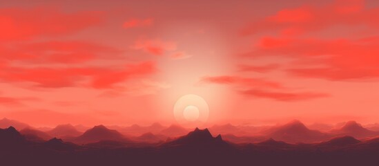 misty mountains against a red,orange sunset sky - obrazy, fototapety, plakaty