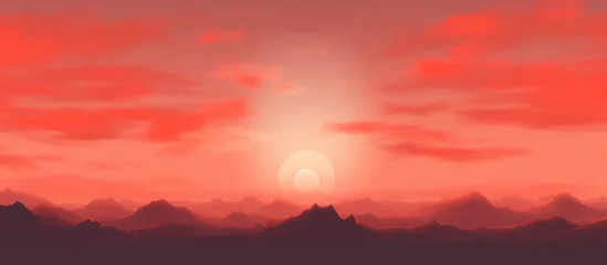 Foto auf Glas misty mountains against a red,orange sunset sky © Muhammad