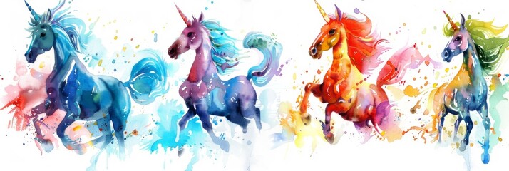 Colorful watercolor unicorns with splashes - A series of four vibrant unicorns painted in watercolor with splashes symbolizing freedom and creativity