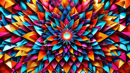 Construct an abstract background featuring a kaleidoscopic arrangement of colorful triangles