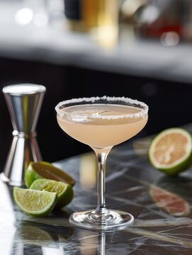Elegant margarita with lime and salted rim - A classic margarita with a salt rim and lime garnish set against a sophisticated bar background