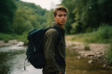 young adult man or teenage boy hikes along a river in nature with a river and trees, green beautiful nature and environment, fictional place