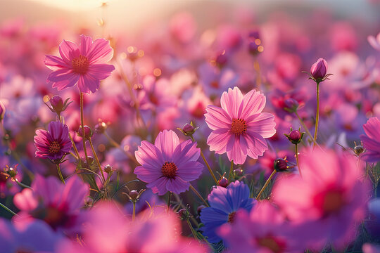 A field of pink and purple cosmos flowers, with the sun shining down on them. The petals have various shades from light to dark pink. Created with Ai
