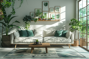 Modern living room with white walls, sofa set and table. Created with Ai