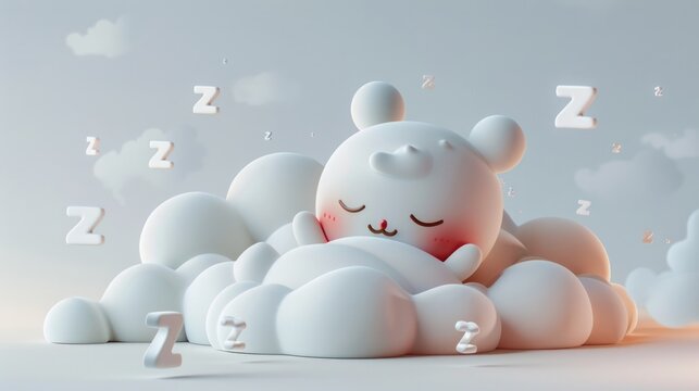 A charming 3D-rendered teddy bear resting peacefully among fluffy clouds, with "Zzz" symbols suggesting a deep, serene sleep