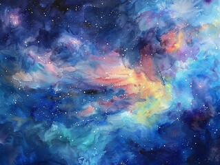 Artistic galaxy in watercolor, blending reality and future dreams of space, nebulous clouds, wide shot. - obrazy, fototapety, plakaty