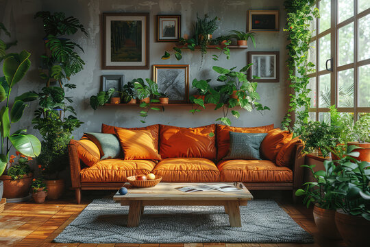 Sofa in the living room with plants and framed pictures on the wall, orange sofa with a green plant, coffee table near the window with sunlight. Created with Ai