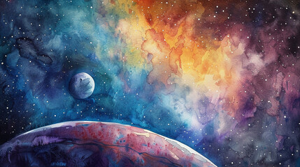 Watercolor painting of a distant planet view, galaxy backdrop, future space travel, vibrant, close view.