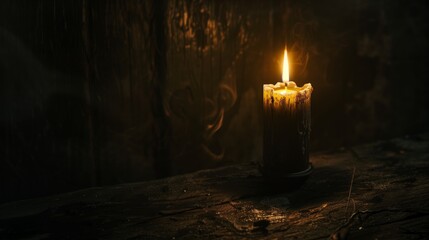 Burning candle on dark background. Day of Remembrance. Witchcraft. Black magic ritual - obrazy, fototapety, plakaty