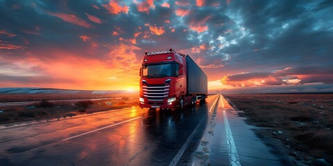 Container truck on highway at sunset with blue sky in background representing logistics and cargo transportation industry. Concept Truck Photography, Sunset, Logistics Industry, Cargo Transportation