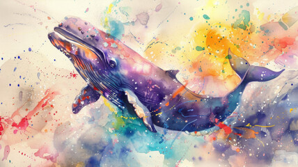 Whimsical whale in splattered watercolors - A fantastical watercolor painting of a whale, symbolizing creativity and the fluidity of art