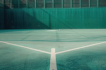 empty parking place and a baseball field with home plate and white lines on the ground in the bright light in the morning