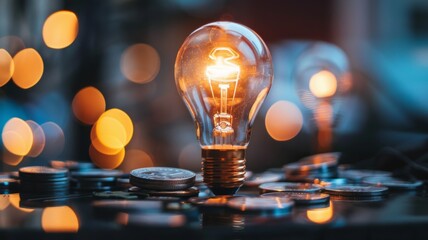 Light bulb with coins suggesting economical ideas - A lighted bulb standing upright on a pile of coins, symbolizing economic ideas or financial innovation