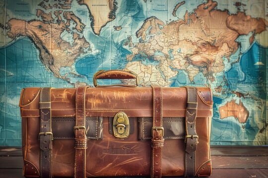 Leather briefcase in front of world map - A well-crafted leather briefcase sits poised for adventure against a backdrop of a world map, symbolizing travel and exploration