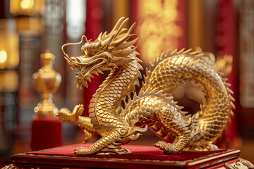 Fototapeta premium Gold dragon 3D sculpture on a red velvet pedestal, opulence and wealth, intricate design, eye-level shot.